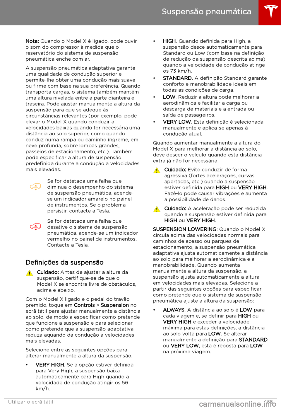 TESLA MODEL X 2019 Manual do proprietário (in Portuguese) Suspens TESLA MODEL X 2019 Manual do proprietário (in Portuguese) Suspens