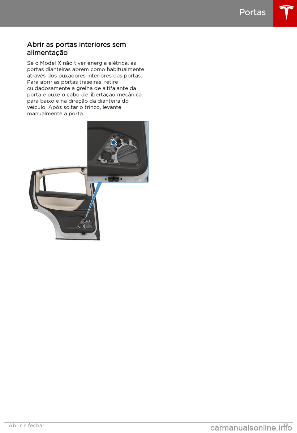 TESLA MODEL X 2019 Manual do proprietário (in Portuguese) Abrir as portas interiores sem
alimenta TESLA MODEL X 2019 Manual do proprietário (in Portuguese) Abrir as portas interiores sem
alimenta