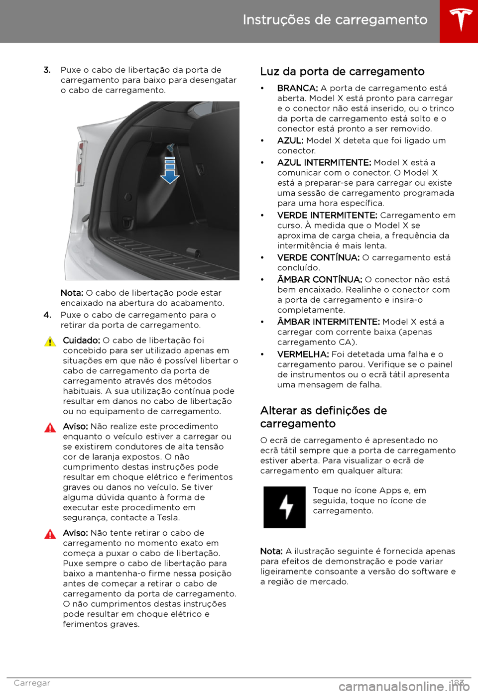 TESLA MODEL X 2019 Manual do proprietário (in Portuguese) 3.Puxe o cabo de liberta TESLA MODEL X 2019 Manual do proprietário (in Portuguese) 3.Puxe o cabo de liberta