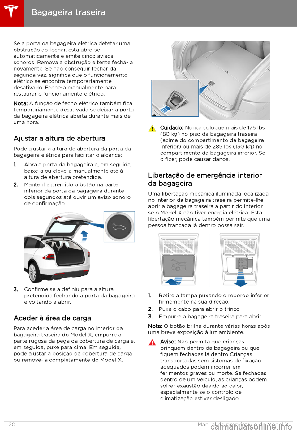 TESLA MODEL X 2019 Manual do proprietário (in Portuguese) Se a porta da bagageira el TESLA MODEL X 2019 Manual do proprietário (in Portuguese) Se a porta da bagageira el