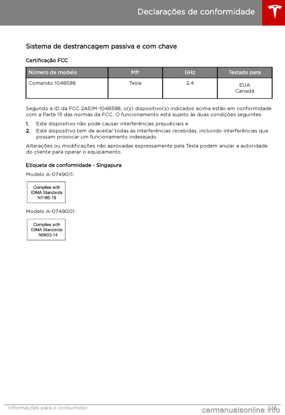 TESLA MODEL X 2019 Manual do proprietário (in Portuguese) Declara TESLA MODEL X 2019 Manual do proprietário (in Portuguese) Declara
