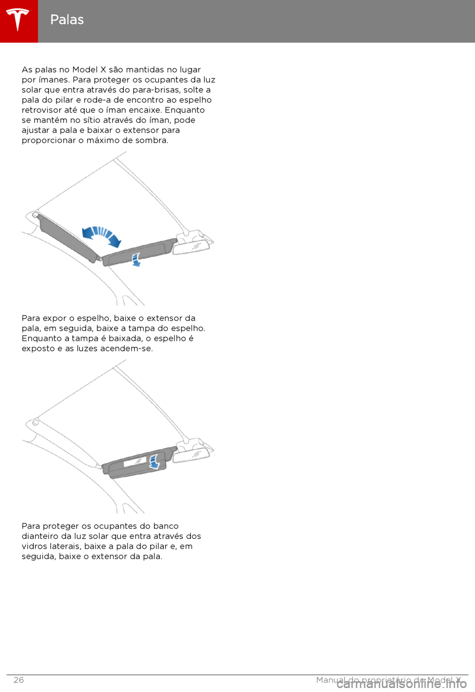 TESLA MODEL X 2019 Manual do proprietário (in Portuguese) Palas
As palas no Model X s TESLA MODEL X 2019 Manual do proprietário (in Portuguese) Palas
As palas no Model X s