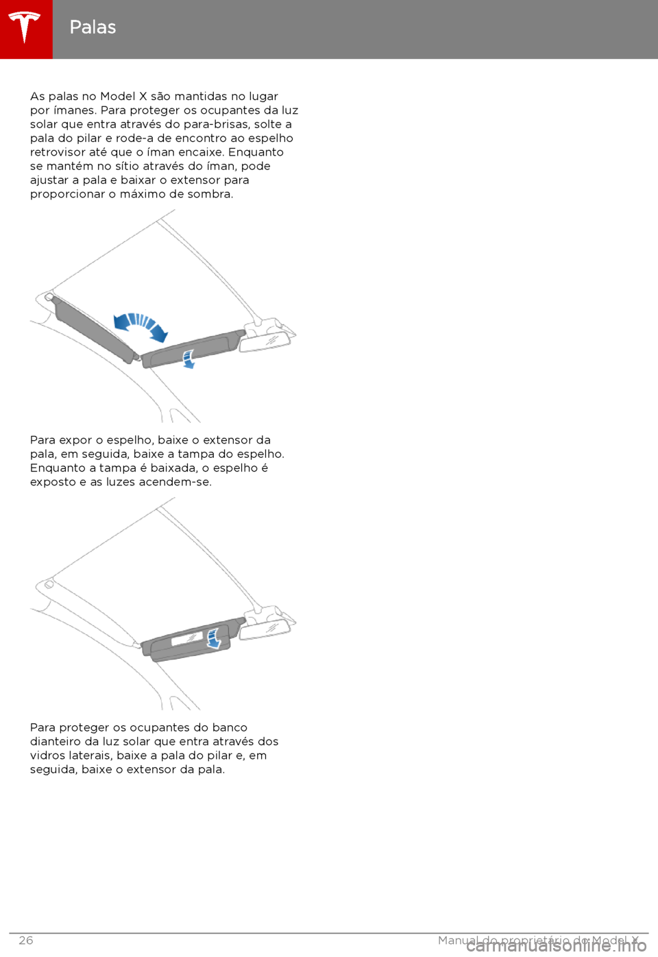 TESLA MODEL X 2019  Manual do proprietário (in Portuguese) Palas
As palas no Model X s