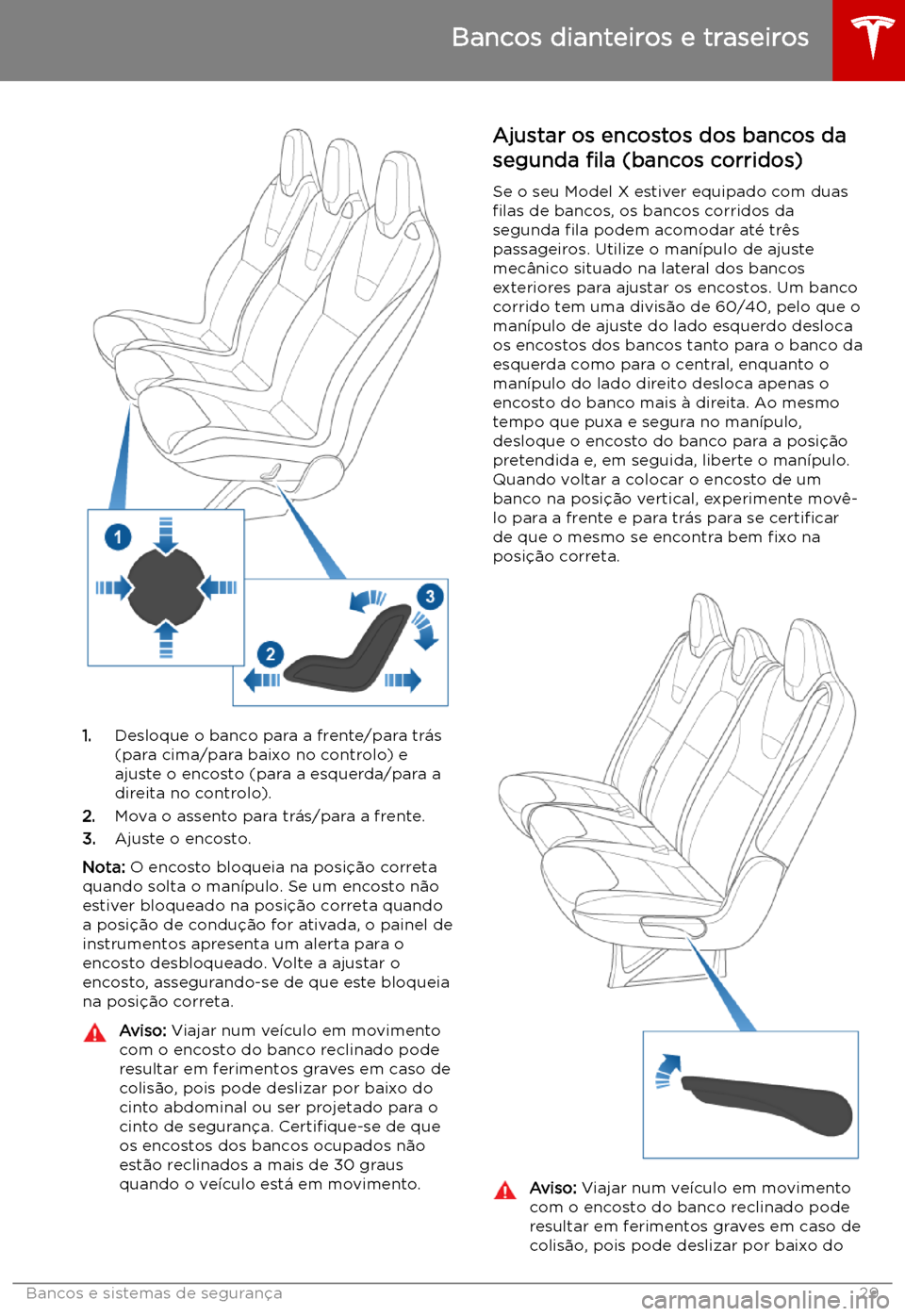 TESLA MODEL X 2019 Manual do proprietário (in Portuguese) 1.Desloque o banco para a frente/para tr TESLA MODEL X 2019 Manual do proprietário (in Portuguese) 1.Desloque o banco para a frente/para tr