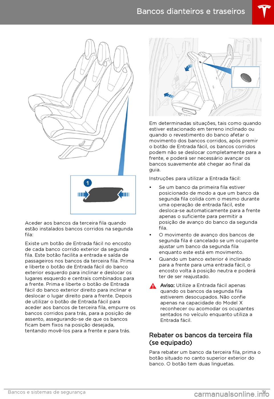TESLA MODEL X 2019  Manual do proprietário (in Portuguese) Aceder aos bancos da terceira 