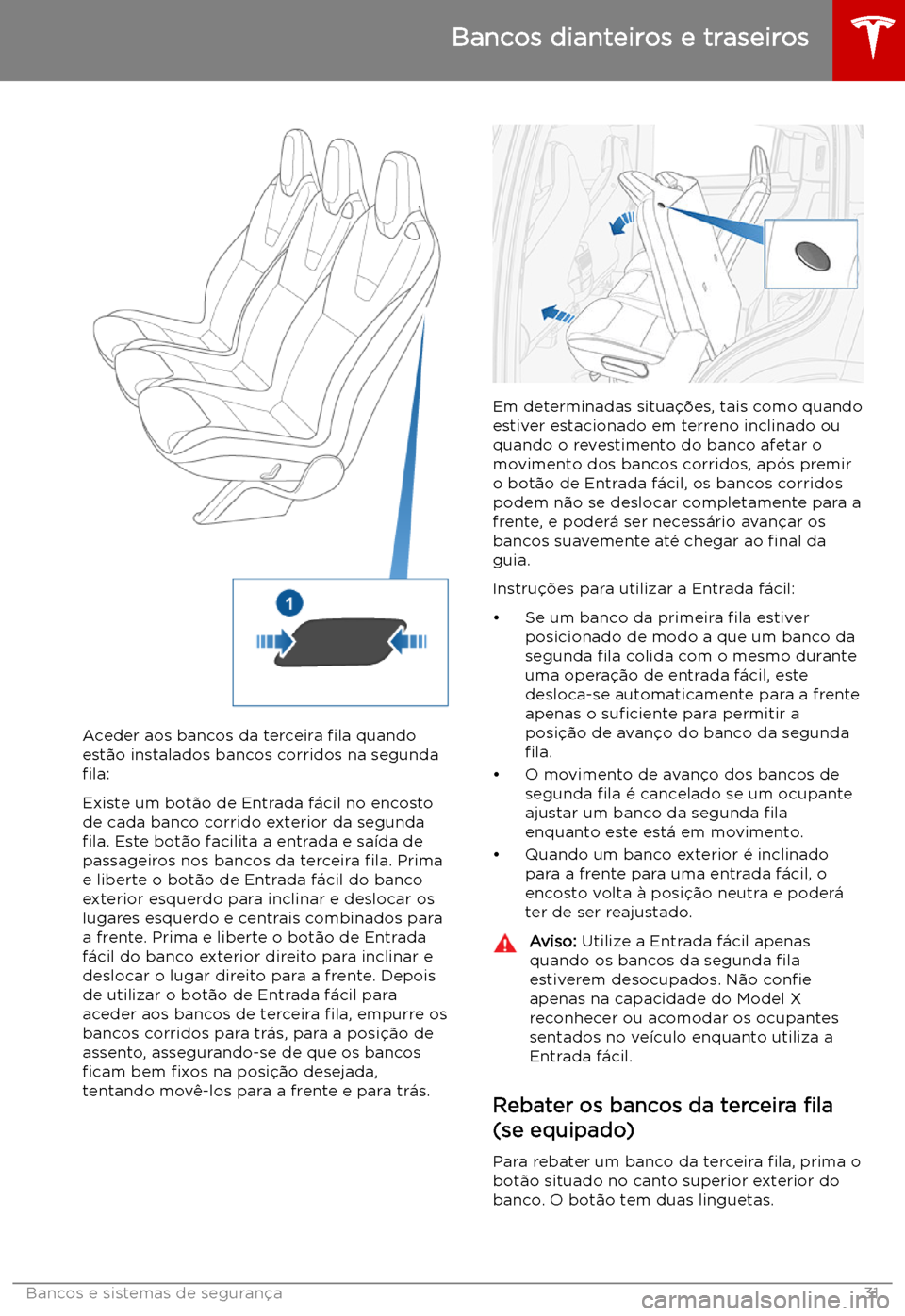 TESLA MODEL X 2019 Manual do proprietário (in Portuguese) Aceder aos bancos da terceira TESLA MODEL X 2019 Manual do proprietário (in Portuguese) Aceder aos bancos da terceira
