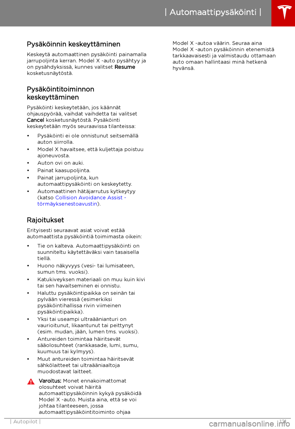 TESLA MODEL X 2019 Omistajan käsikirja (in Finnish) Pys TESLA MODEL X 2019 Omistajan käsikirja (in Finnish) Pys