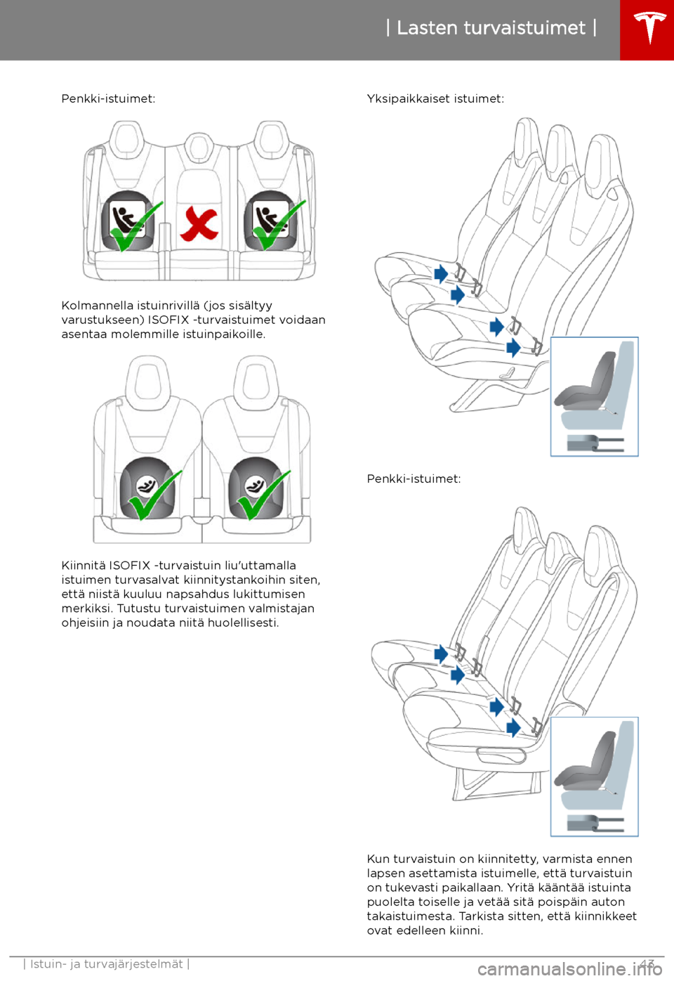 TESLA MODEL X 2019  Omistajan käsikirja (in Finnish) Penkki-istuimet:
Kolmannella istuinrivill