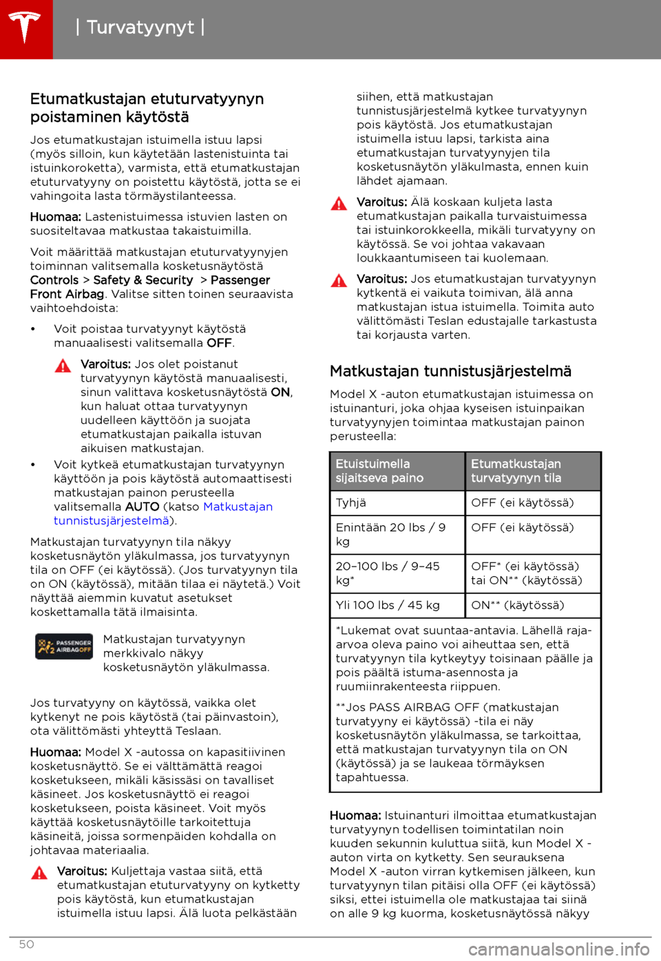 TESLA MODEL X 2019 Omistajan käsikirja (in Finnish) Etumatkustajan etuturvatyynynpoistaminen k TESLA MODEL X 2019 Omistajan käsikirja (in Finnish) Etumatkustajan etuturvatyynynpoistaminen k