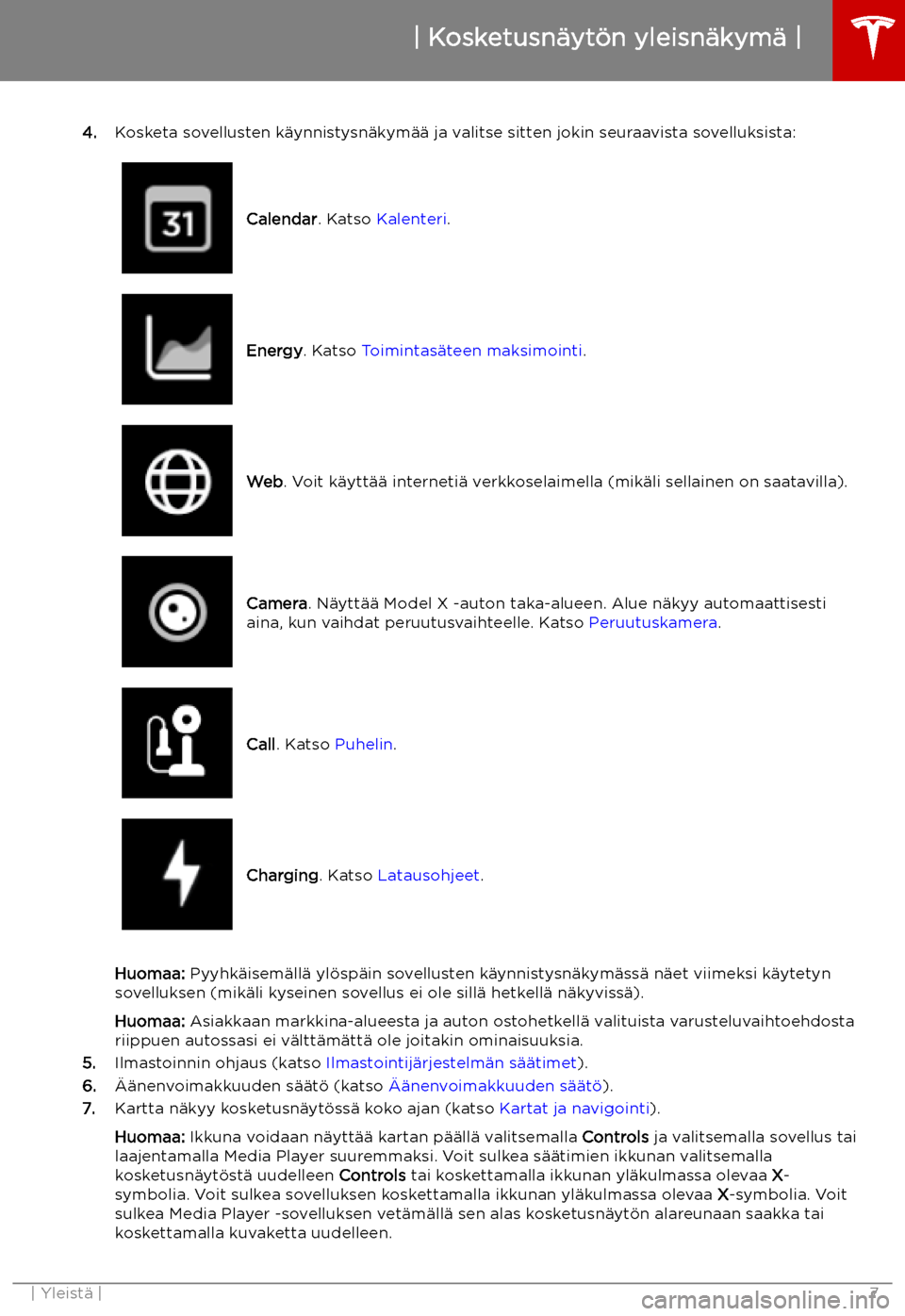 TESLA MODEL X 2019  Omistajan käsikirja (in Finnish) 4.Kosketa sovellusten k