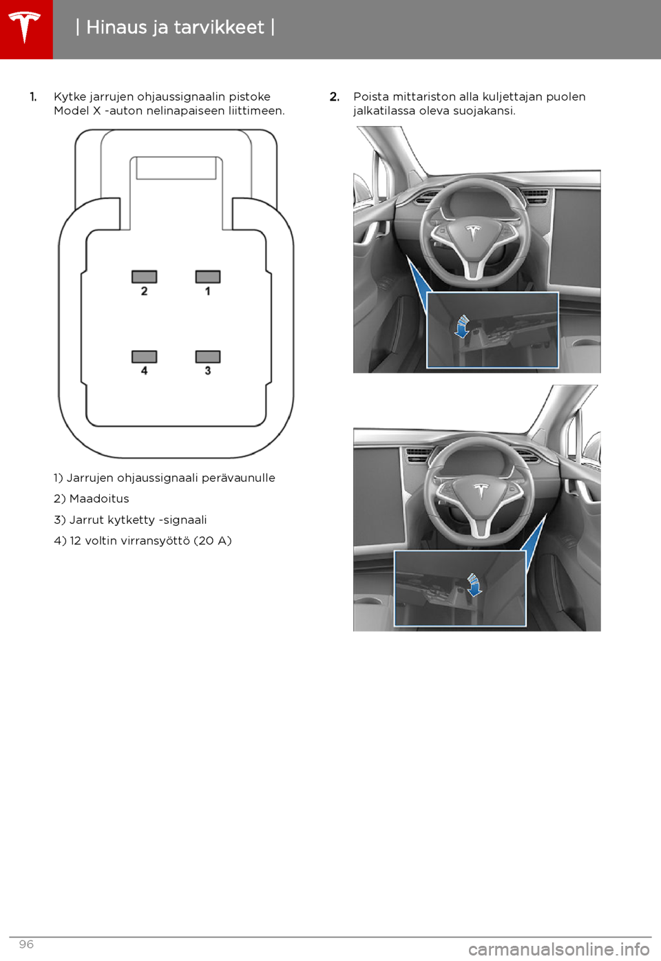 TESLA MODEL X 2019 Omistajan käsikirja (in Finnish) 1.Kytke jarrujen ohjaussignaalin pistoke
Model X -auton nelinapaiseen liittimeen.
1) Jarrujen ohjaussignaali per TESLA MODEL X 2019 Omistajan käsikirja (in Finnish) 1.Kytke jarrujen ohjaussignaalin pistoke
Model X -auton nelinapaiseen liittimeen.
1) Jarrujen ohjaussignaali per