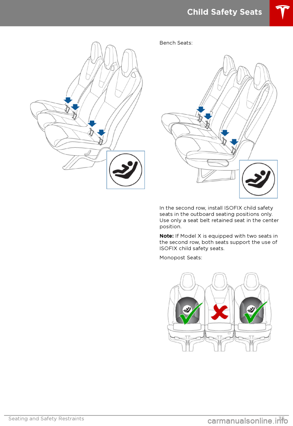 TESLA MODEL X 2018  Owners Manual  Bench Seats:
In the second row, install ISOFIX child safety
seats in the outboard seating positions only.
Use only a seat belt retained seat in the center
position.
Note:  If Model X is equipped with 