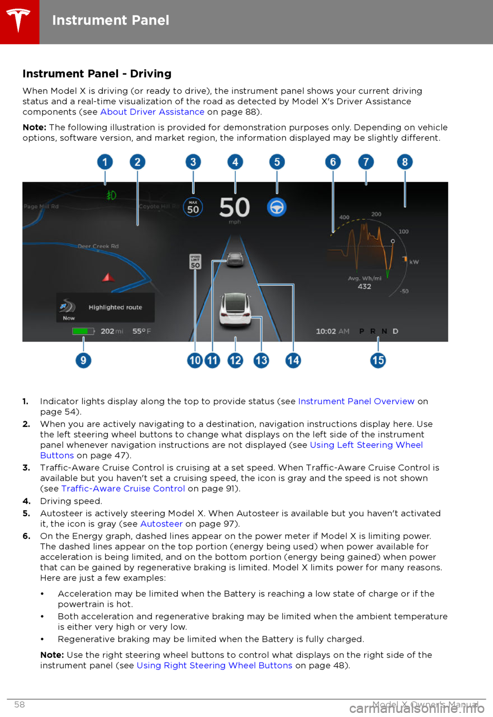 TESLA MODEL X 2018    Workshop Manual Instrument Panel - Driving
When Model X is driving (or ready to drive), the instrument panel shows your current driving
status and a real-time visualization of the road as detected by Model X