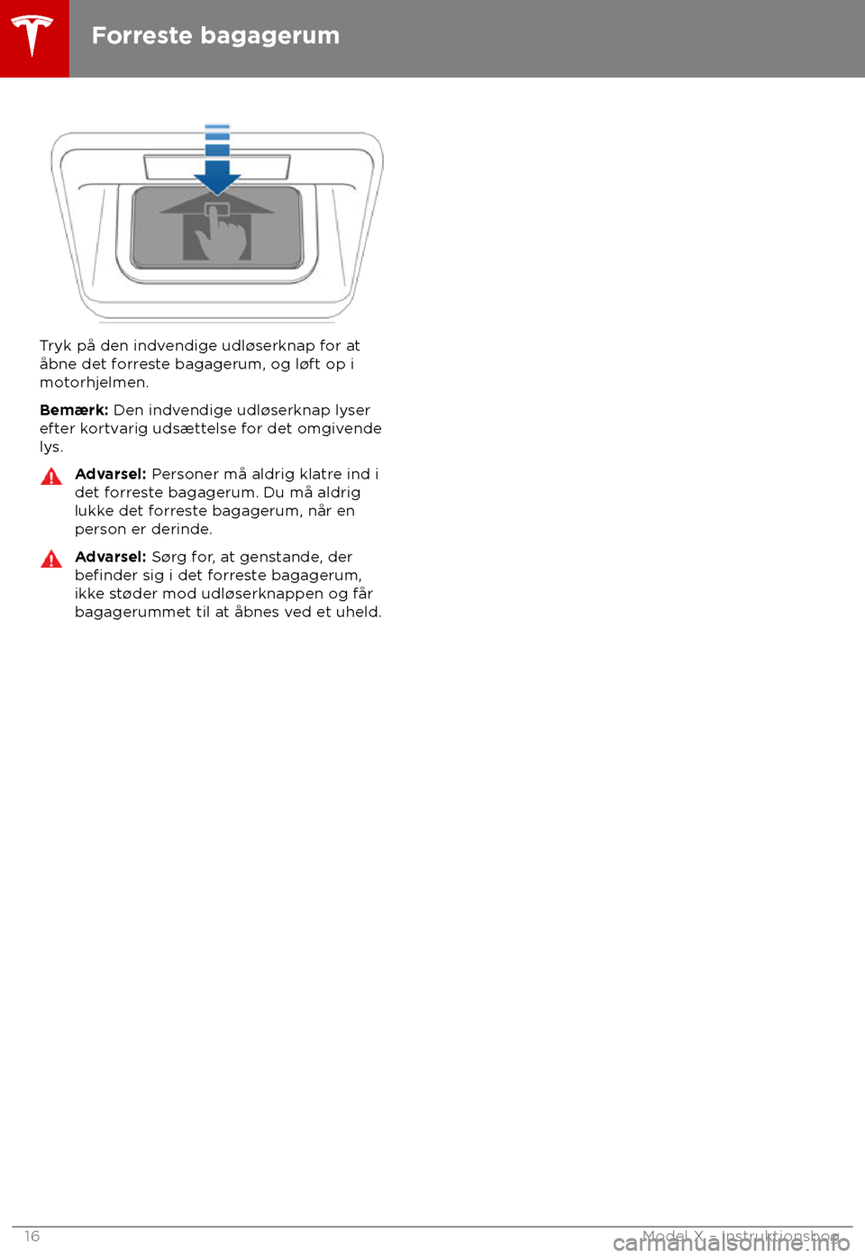 TESLA MODEL X 2018  Instruktionsbog (in Danish) Tryk p