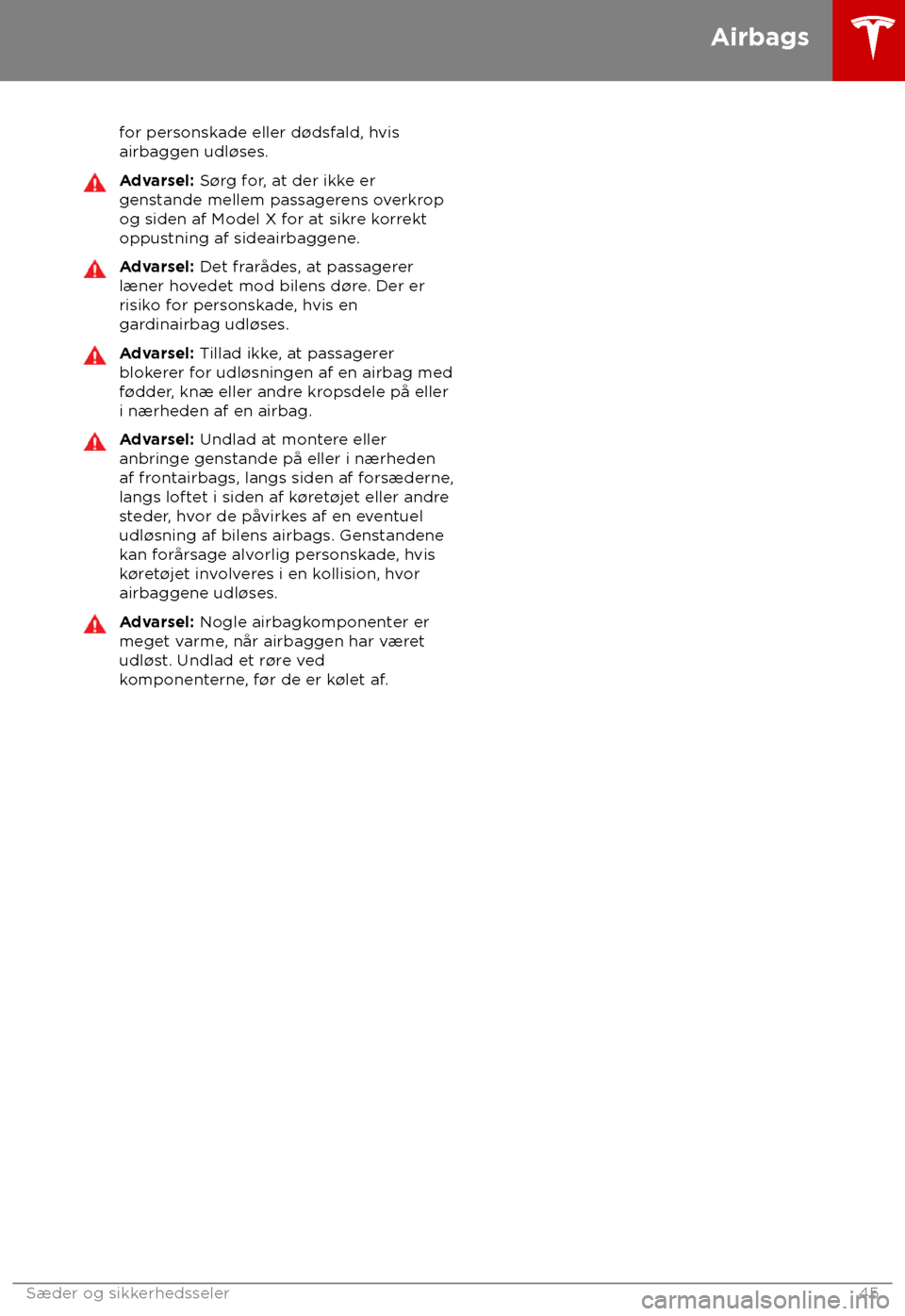 TESLA MODEL X 2018  Instruktionsbog (in Danish) for personskade eller d