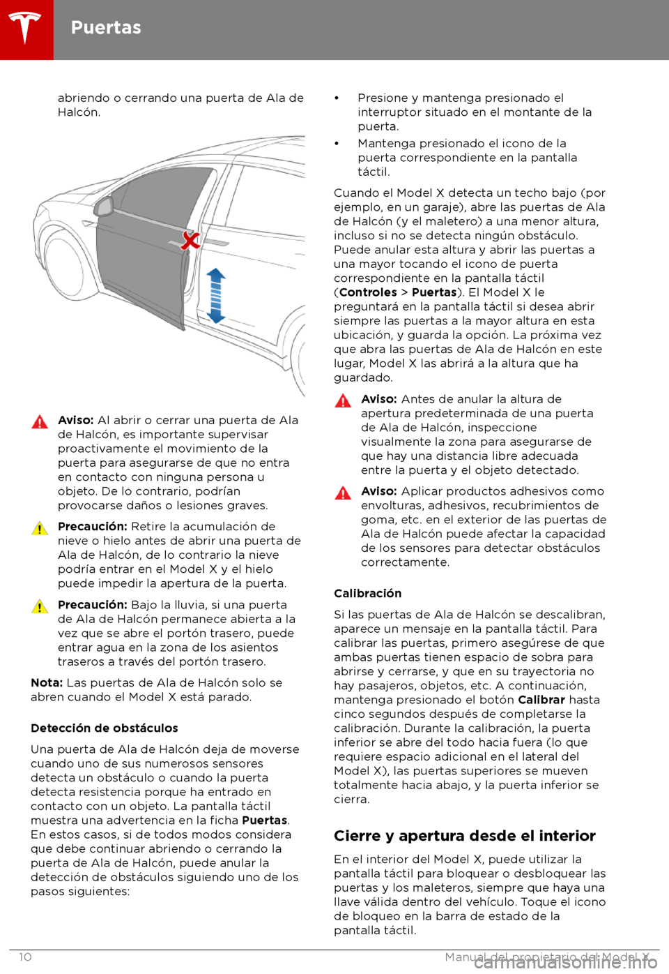 TESLA MODEL X 2018  Manual del propietario (in Spanish) abriendo o cerrando una puerta de Ala de
Halc 