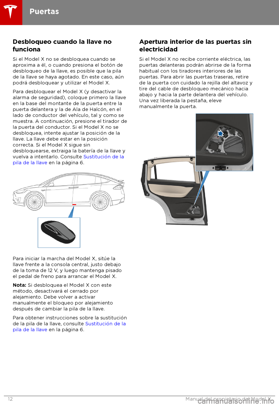 TESLA MODEL X 2018  Manual del propietario (in Spanish) Desbloqueo cuando la llave no
funciona
Si el Model X no se desbloquea cuando se
apr
oxima a 