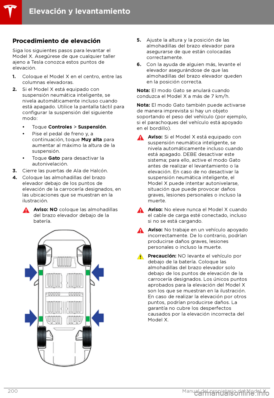 TESLA MODEL X 2018 Manual del propietario (in Spanish) Procedimiento de elevaci TESLA MODEL X 2018 Manual del propietario (in Spanish) Procedimiento de elevaci
