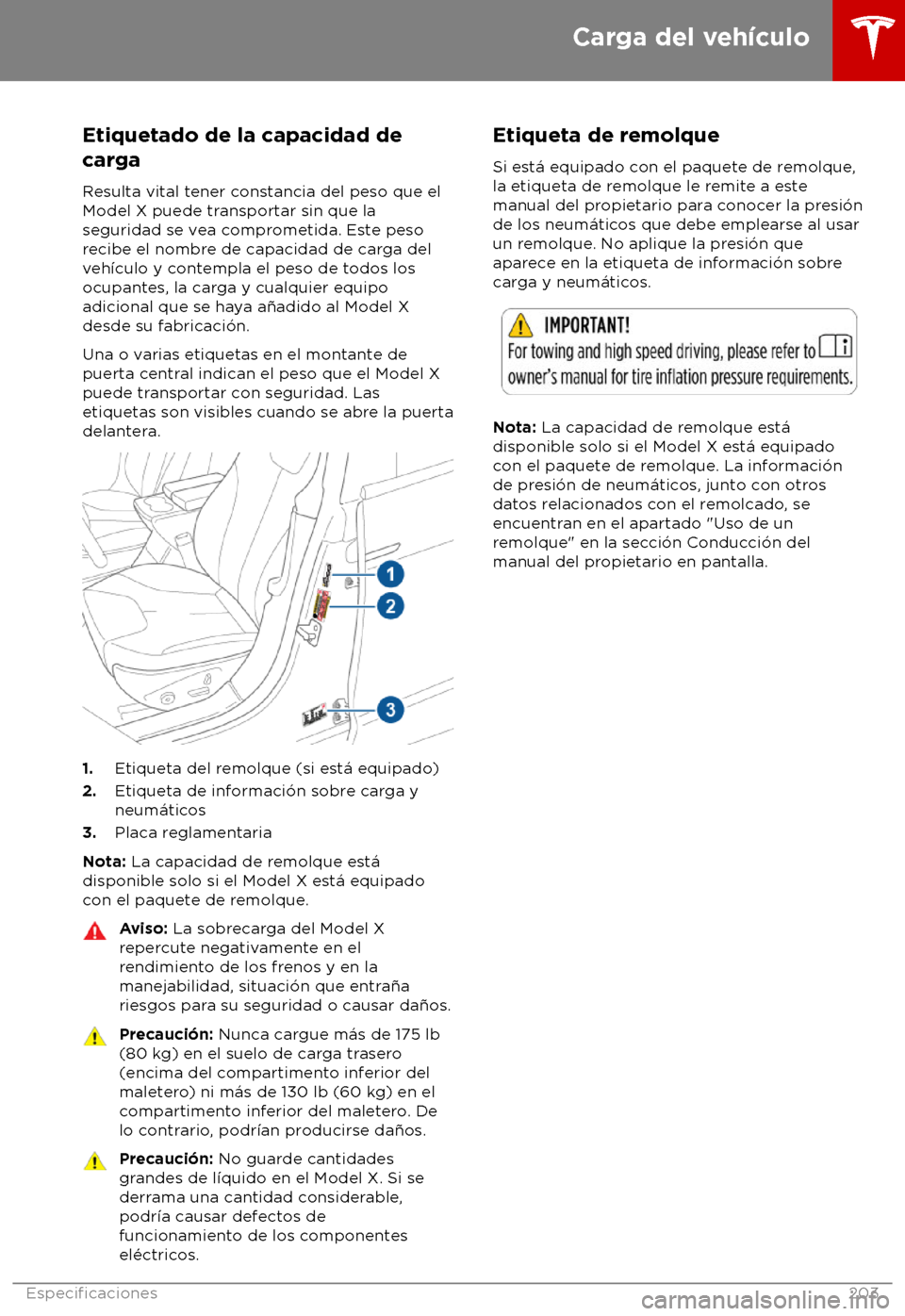 TESLA MODEL X 2018 Manual del propietario (in Spanish) Etiquetado de la capacidad de
car
ga
Resulta vital tener constancia del peso que el
Model X puede transportar sin que la
seguridad se vea comprometida. Este peso
recibe el nombre de capacidad de carga TESLA MODEL X 2018 Manual del propietario (in Spanish) Etiquetado de la capacidad de
car
ga
Resulta vital tener constancia del peso que el
Model X puede transportar sin que la
seguridad se vea comprometida. Este peso
recibe el nombre de capacidad de carga