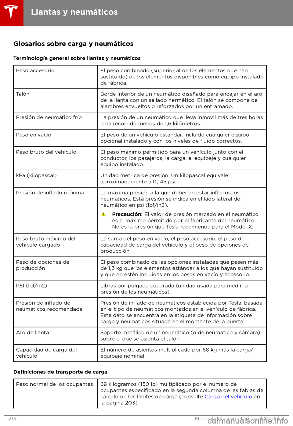 TESLA MODEL X 2018 Manual del propietario (in Spanish) Glosarios sobre carga y neum TESLA MODEL X 2018 Manual del propietario (in Spanish) Glosarios sobre carga y neum