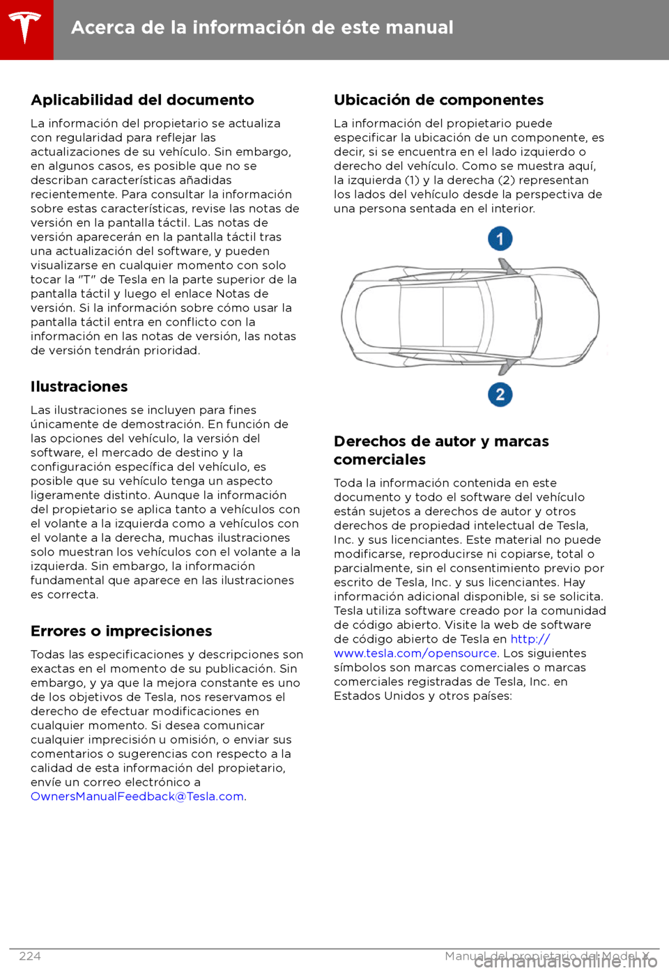 TESLA MODEL X 2018 Manual del propietario (in Spanish) Aplicabilidad del documento
La inf
ormaci TESLA MODEL X 2018 Manual del propietario (in Spanish) Aplicabilidad del documento
La inf
ormaci