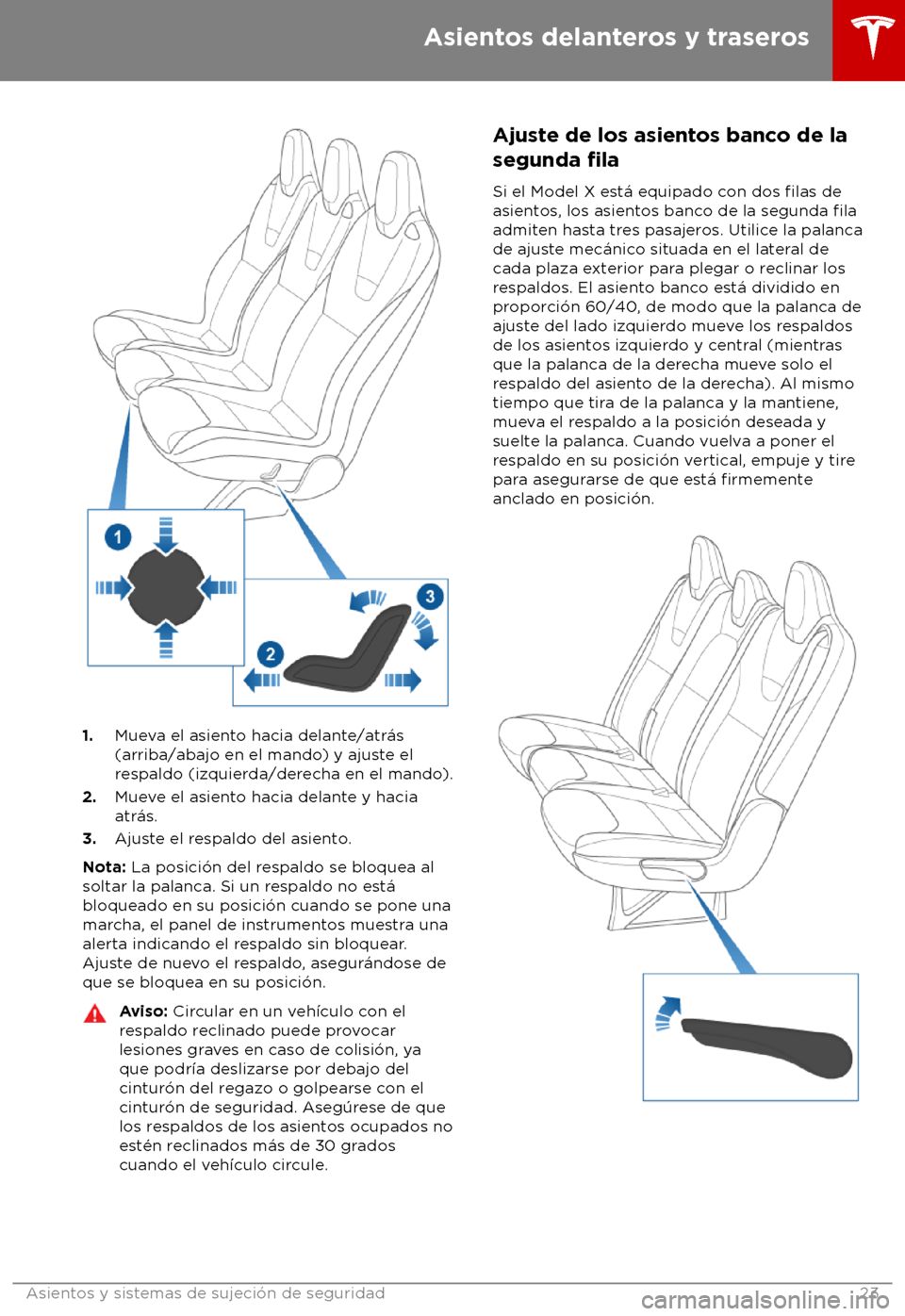 TESLA MODEL X 2018  Manual del propietario (in Spanish) 1.
Mueva el asiento hacia delante/atr