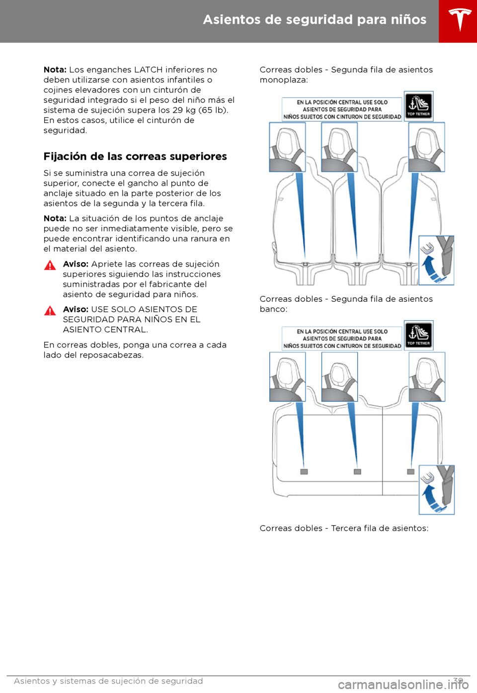 TESLA MODEL X 2018  Manual del propietario (in Spanish) Nota: Los enganches LATCH inferiores no
deben utilizarse con asientos infantiles o
cojines elevadores con un cintur