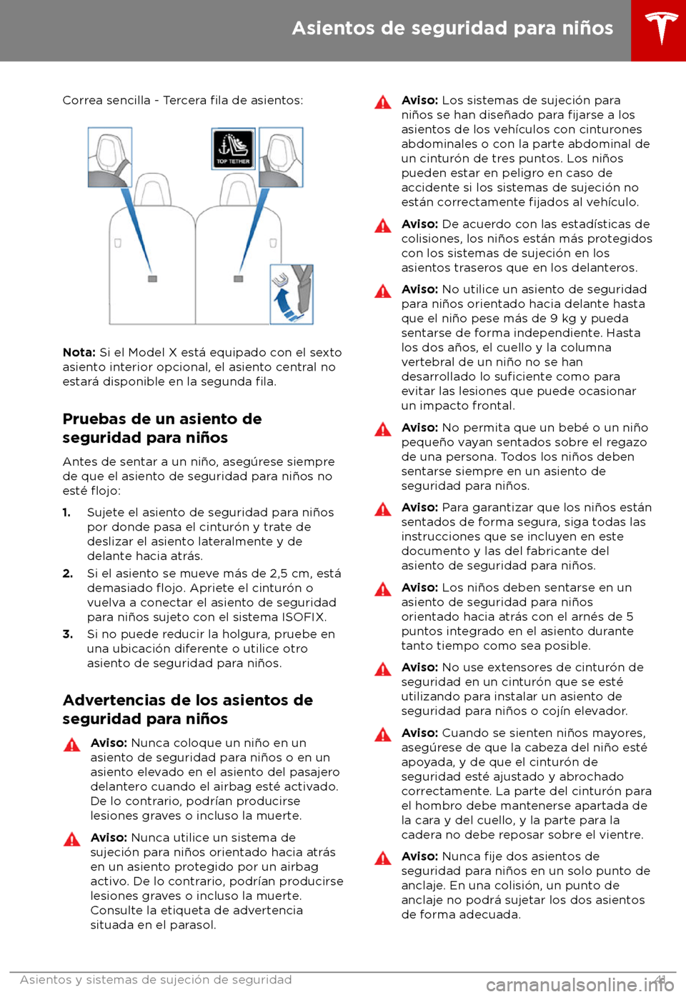 TESLA MODEL X 2018 Manual del propietario (in Spanish) Correa sencilla - Tercera fila de asientos:
Nota: Si el Model X es
t TESLA MODEL X 2018 Manual del propietario (in Spanish) Correa sencilla - Tercera fila de asientos:
Nota: Si el Model X es
t