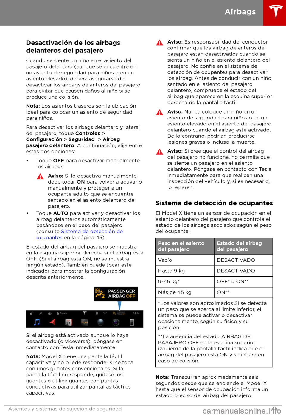 TESLA MODEL X 2018  Manual del propietario (in Spanish) Desactivaci