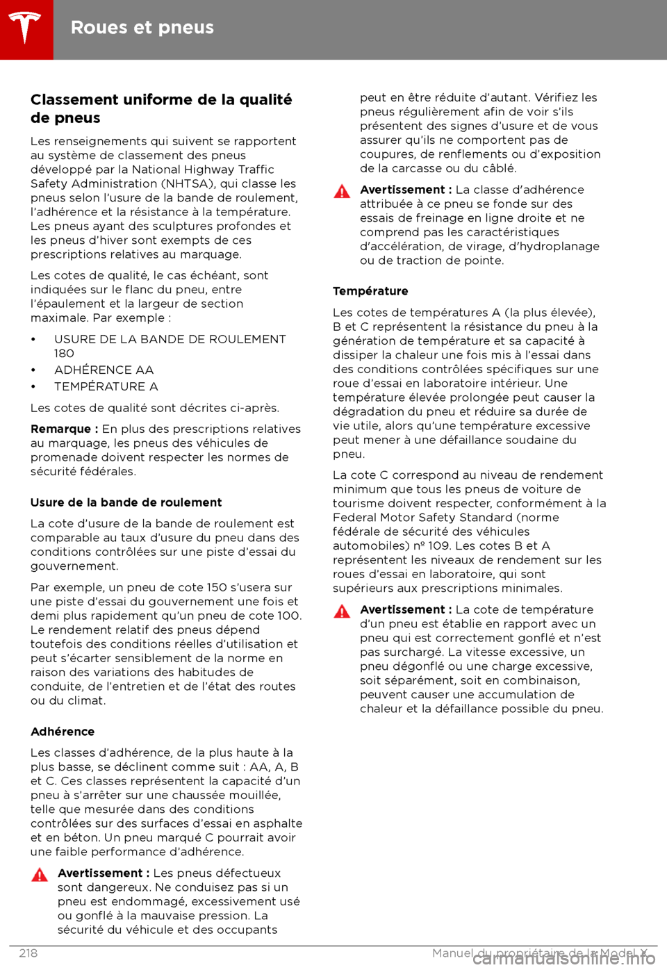 TESLA MODEL X 2018 Manuel du propriétaire (Canada) (in French) Classement uniforme de la qualit TESLA MODEL X 2018 Manuel du propriétaire (Canada) (in French) Classement uniforme de la qualit
