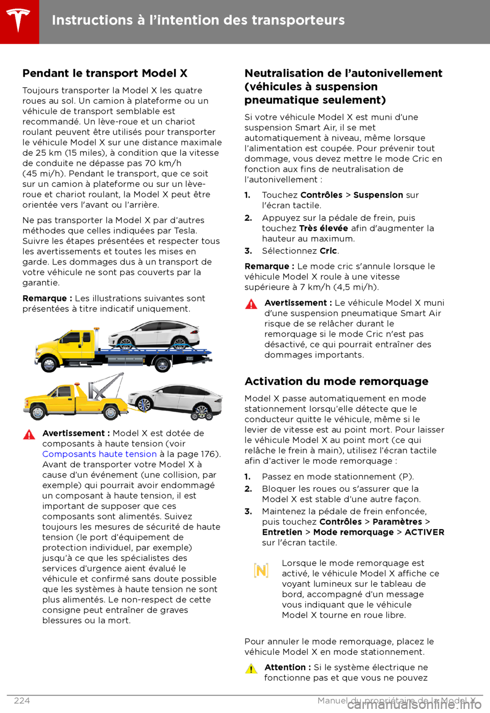 TESLA MODEL X 2018 Manuel du propriétaire (Canada) (in French) Pendant le transport Model X
Toujours transporter la Model X les quatre
roues au sol. Un camion TESLA MODEL X 2018 Manuel du propriétaire (Canada) (in French) Pendant le transport Model X
Toujours transporter la Model X les quatre
roues au sol. Un camion
