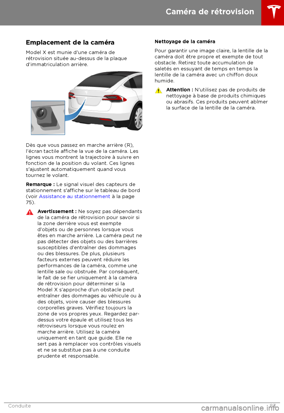 TESLA MODEL X 2018 Manuel du propriétaire (Canada) (in French) Emplacement de la cam TESLA MODEL X 2018 Manuel du propriétaire (Canada) (in French) Emplacement de la cam