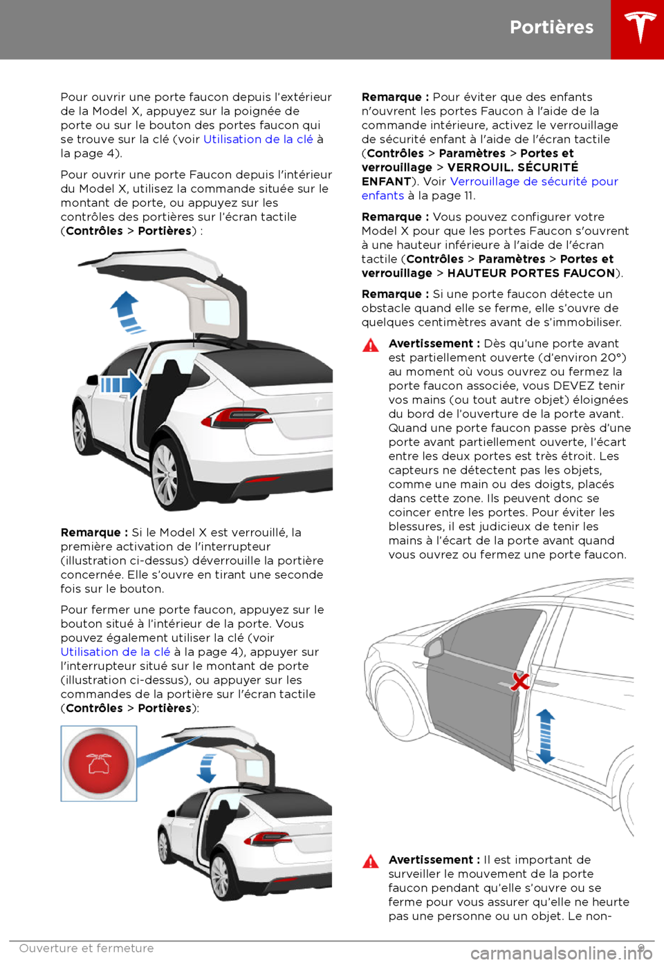 TESLA MODEL X 2018  Manuel du propriétaire (Canada) (in French)  Pour ouvrir une porte faucon depuis l