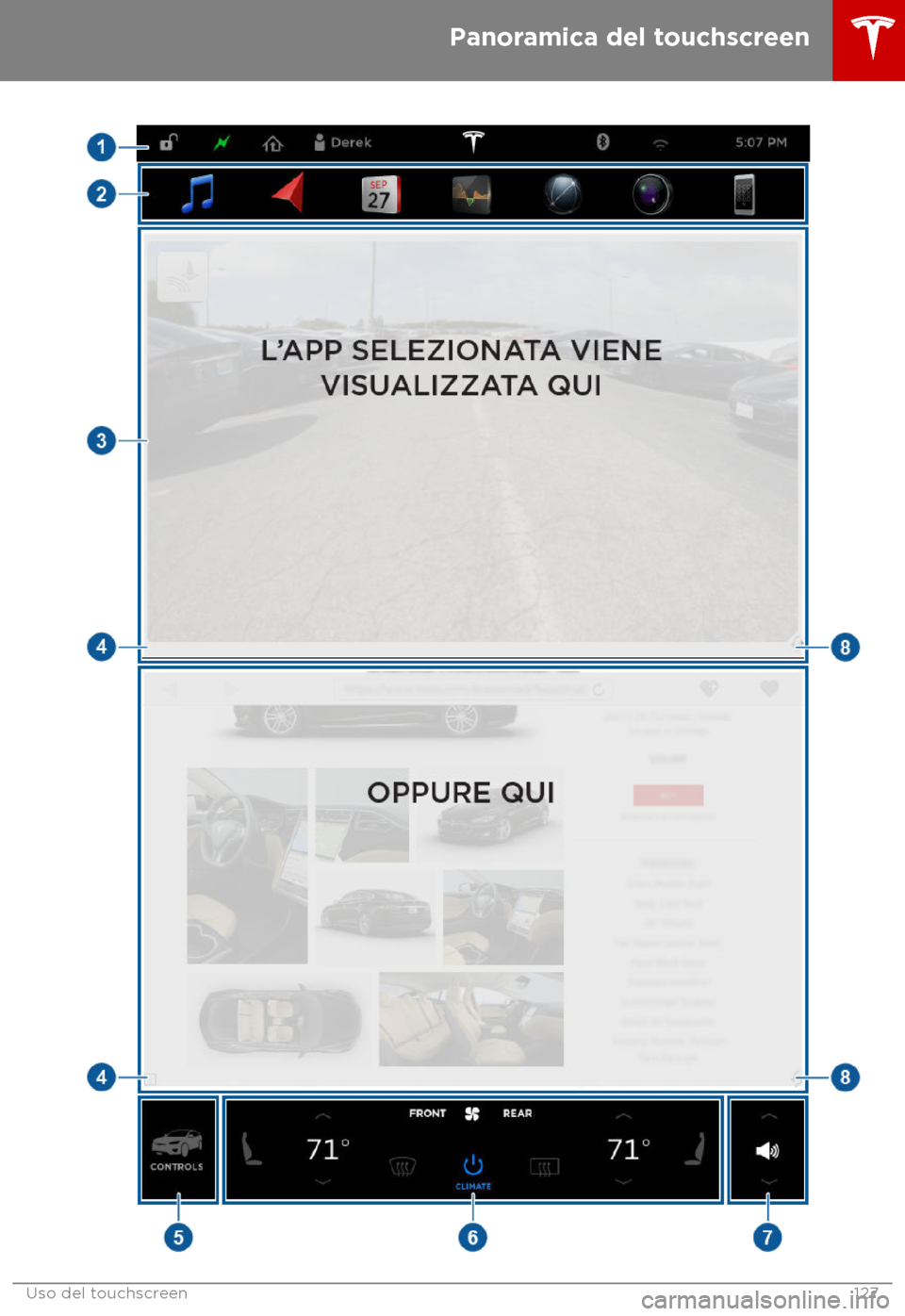 TESLA MODEL X 2018 Manuale del proprietario (in Italian) Panoramica del touchscreen
Uso del touchscreen
127 TESLA MODEL X 2018 Manuale del proprietario (in Italian) Panoramica del touchscreen
Uso del touchscreen
127