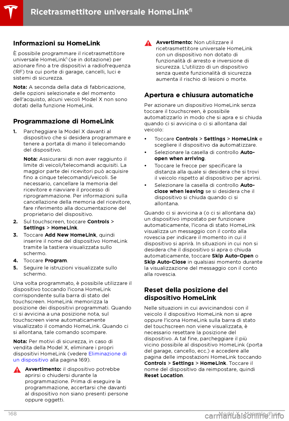 TESLA MODEL X 2018  Manuale del proprietario (in Italian) Informazioni su HomeLink

