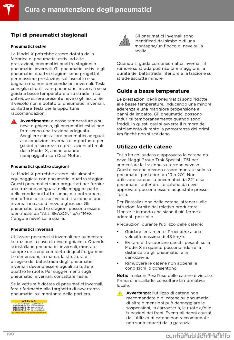 TESLA MODEL X 2018  Manuale del proprietario (in Italian) Tipi di pneumatici stagionali
Pneuma tici estivi
La Model X potrebbe essere dotata dalla
fabbrica di pneumatici estivi ad alte
prestazioni, pneumatici quattro stagioni o
pneumatici invernali. Gli pneu