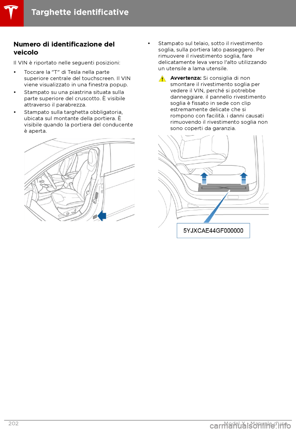 TESLA MODEL X 2018  Manuale del proprietario (in Italian) Numero di identificazione del
v
eicolo
Il VIN è riportato nelle seguenti posizioni:
