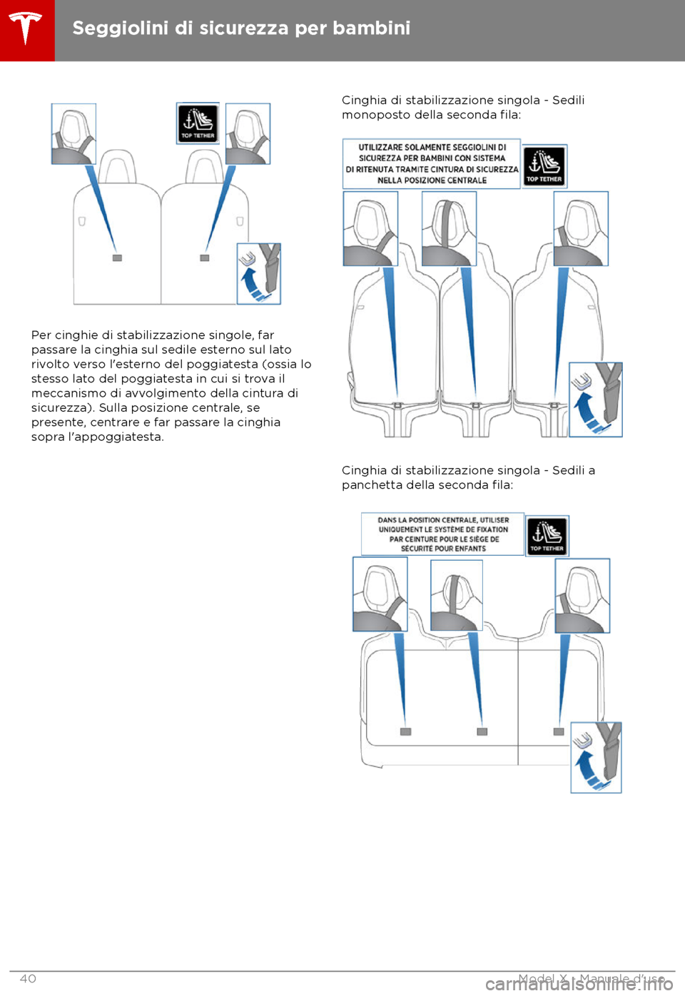 TESLA MODEL X 2018  Manuale del proprietario (in Italian) Per cinghie di stabilizzazione singole, far
pas
sare la cinghia sul sedile esterno sul lato
rivolto verso l