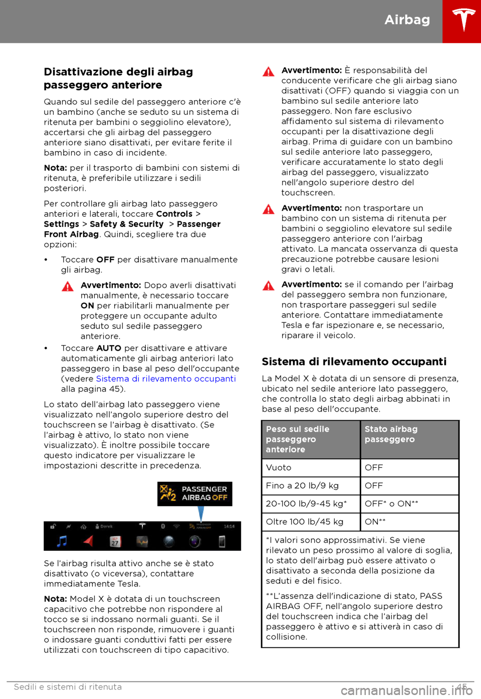 TESLA MODEL X 2018  Manuale del proprietario (in Italian) Disattivazione degli airbag
pas
seggero anteriore
Quando sul sedile del passeggero anteriore c
