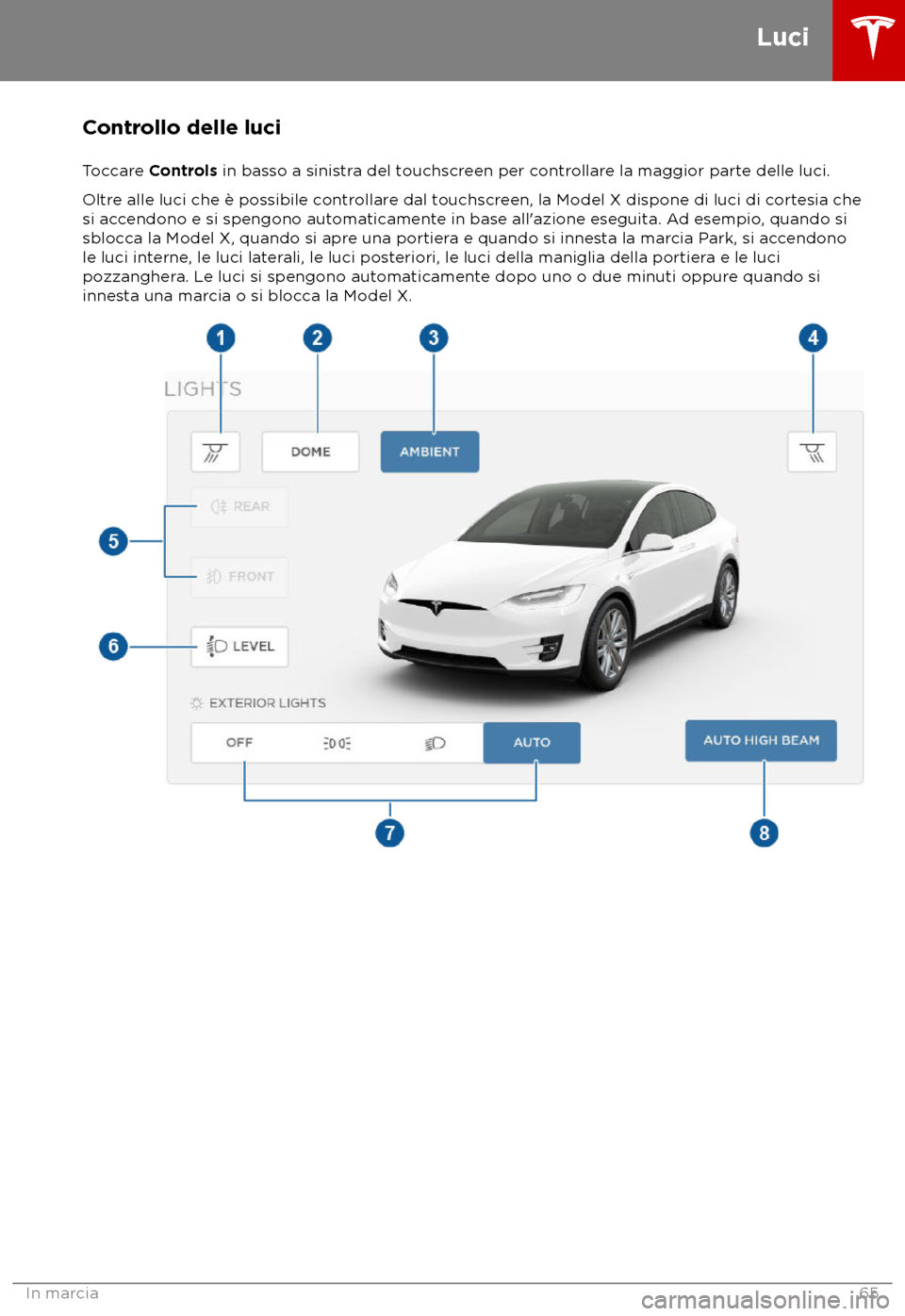 TESLA MODEL X 2018  Manuale del proprietario (in Italian) Controllo delle luci
T occare Controls in basso a sinistra del touchscreen per controllare la maggior parte delle luci.
Oltre alle luci che è possibile controllare dal touchscreen, la Model X dispone