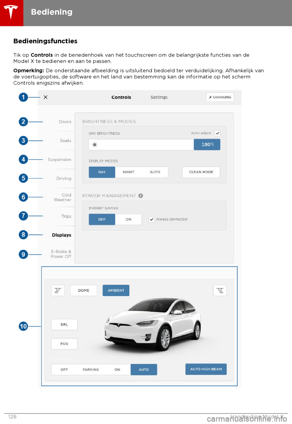 TESLA MODEL X 2018 Handleiding (in Dutch) Bedieningsfuncties
T
ik op Controls in de benedenhoek van het touchscreen om de belangrijkste functies van de
Model X te bedienen en aan te passen.
Opmerking: De onderstaande afbeelding is uitsluitend TESLA MODEL X 2018 Handleiding (in Dutch) Bedieningsfuncties
T
ik op Controls in de benedenhoek van het touchscreen om de belangrijkste functies van de
Model X te bedienen en aan te passen.
Opmerking: De onderstaande afbeelding is uitsluitend