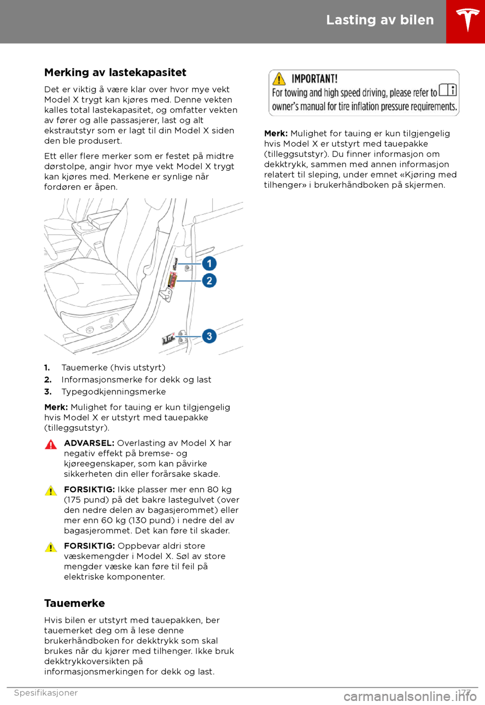 TESLA MODEL X 2018 Brukerhåndbok (in Norwegian) Merking av lastekapasitet
Det er vik tig å være klar over hvor mye vekt
Model X trygt kan kj TESLA MODEL X 2018 Brukerhåndbok (in Norwegian) Merking av lastekapasitet
Det er vik tig å være klar over hvor mye vekt
Model X trygt kan kj