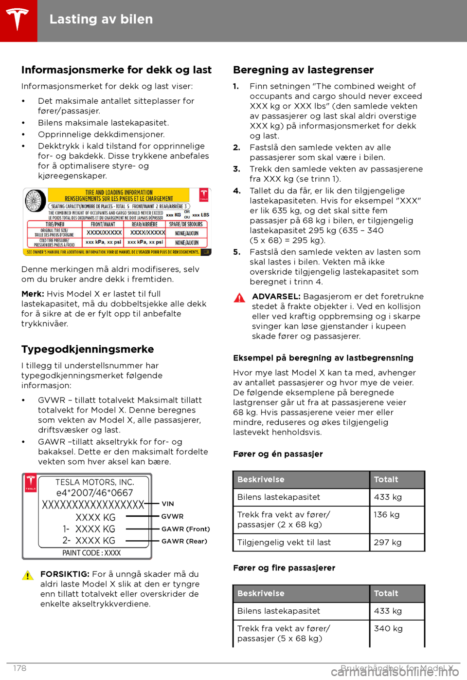 TESLA MODEL X 2018 Brukerhåndbok (in Norwegian) Informasjonsmerke for dekk og last
Inf ormasjonsmerket for dekk og last viser:
TESLA MODEL X 2018 Brukerhåndbok (in Norwegian) Informasjonsmerke for dekk og last
Inf ormasjonsmerket for dekk og last viser: