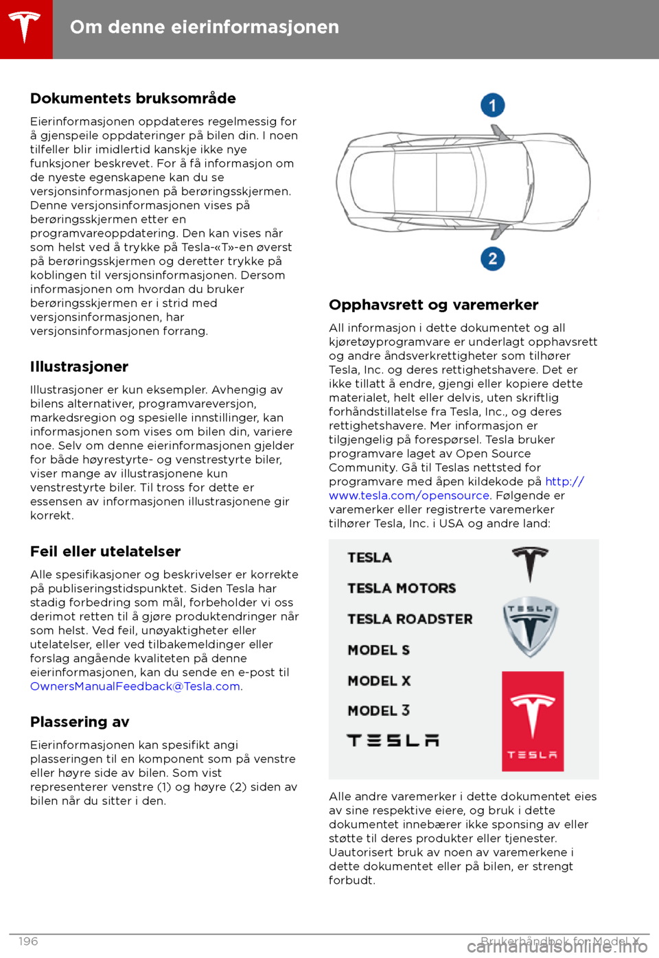 TESLA MODEL X 2018 Brukerhåndbok (in Norwegian) Dokumentets bruksomr TESLA MODEL X 2018 Brukerhåndbok (in Norwegian) Dokumentets bruksomr