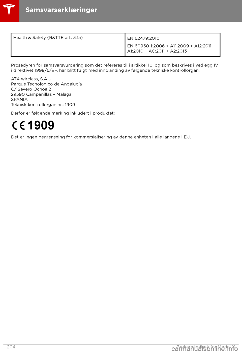 TESLA MODEL X 2018  Brukerhåndbok (in Norwegian)  Health & Safety (R&TTE art. 3.1a)
EN 62479:2010
EN 60950-1:2006 + A11:2009 + A12:2011 +
A1:2010 + A
C:2011 + A2:2013Prosedyren for samsvarsvurdering som det refereres til i artikkel 10, og som beskriv