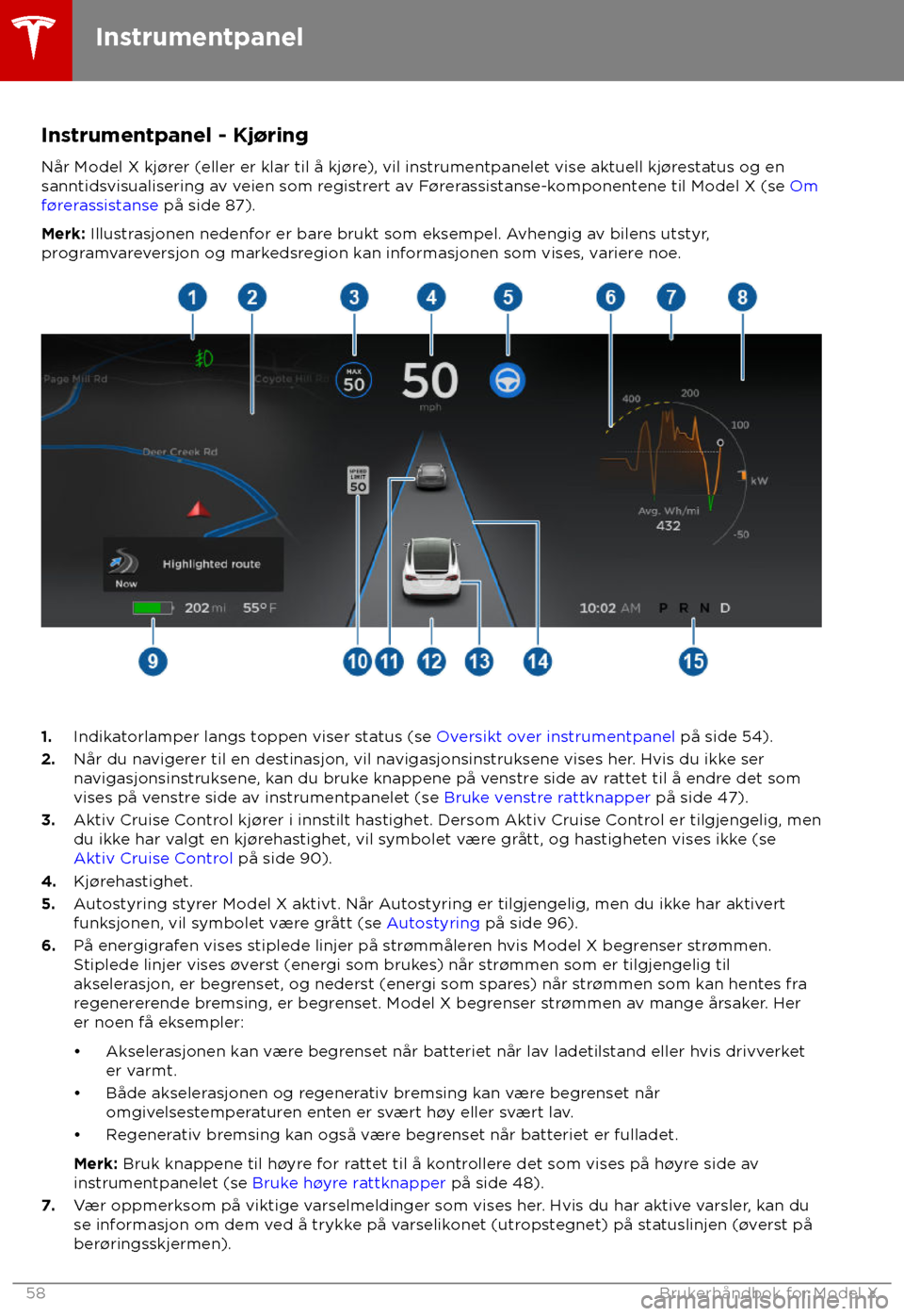 TESLA MODEL X 2018 Brukerhåndbok (in Norwegian) Instrumentpanel - Kj TESLA MODEL X 2018 Brukerhåndbok (in Norwegian) Instrumentpanel - Kj