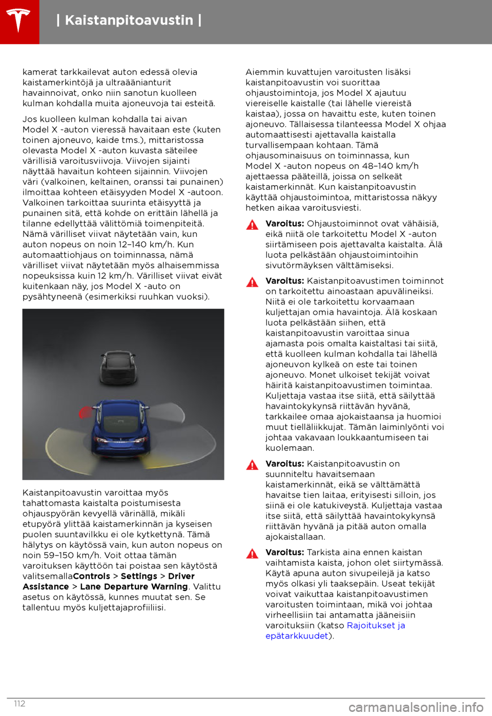TESLA MODEL X 2018  Omistajan käsikirja (in Finnish)  kamerat tarkkailevat auton edess
