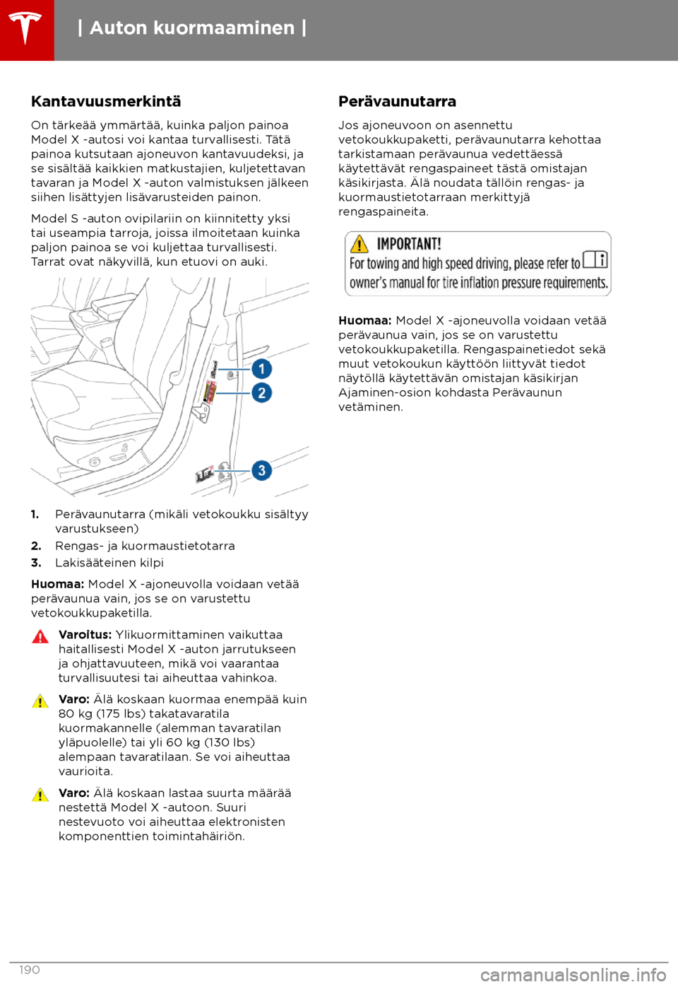 TESLA MODEL X 2018 Omistajan käsikirja (in Finnish) Kantavuusmerkint TESLA MODEL X 2018 Omistajan käsikirja (in Finnish) Kantavuusmerkint
