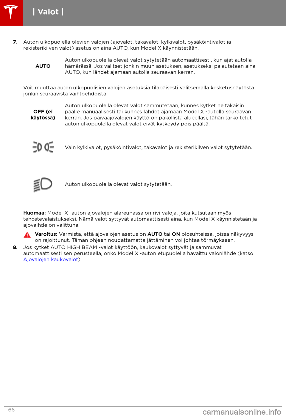 TESLA MODEL X 2018 Omistajan käsikirja (in Finnish) 7.
Auton ulkopuolella olevien valojen (ajovalot, takavalot, kylkivalot, pys TESLA MODEL X 2018 Omistajan käsikirja (in Finnish) 7.
Auton ulkopuolella olevien valojen (ajovalot, takavalot, kylkivalot, pys