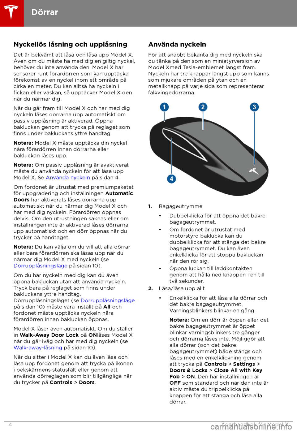 TESLA MODEL X 2018  Ägarmanual (in Swedish)  Nyckell